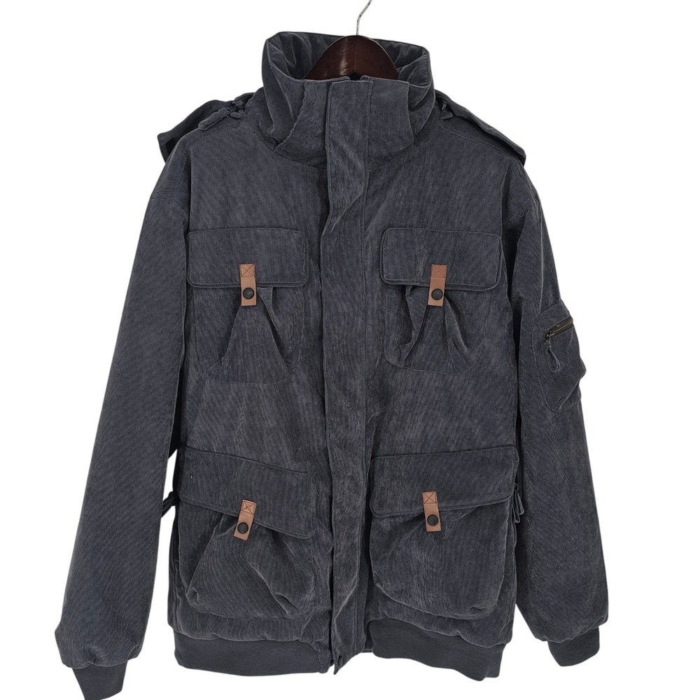 ICE BLUE Corduroy‎ Ski Jacket Mens XL Gray Detachable Hood Pockets Coat Vintage